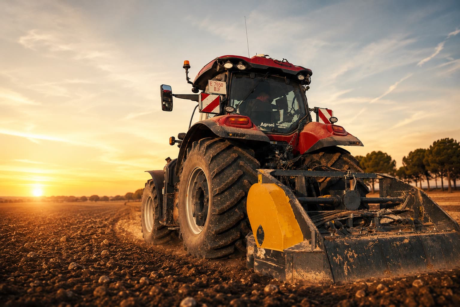 Tractor Case IH picando piedra al atardecer en un campo de Ciudad Real